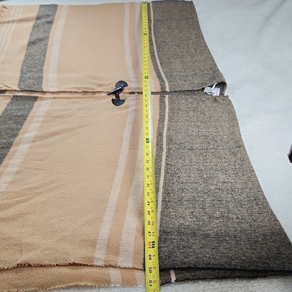 Striped Tan and Gray Poncho with Toggle Closure And Fringe - Picture 9 of 9
